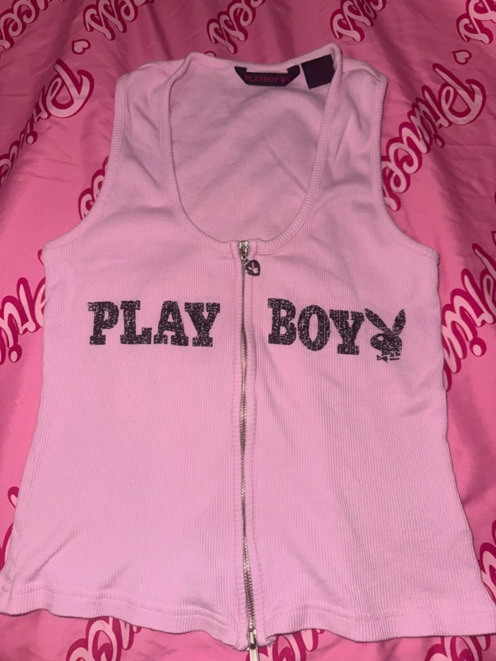 PLAYBOY Pink Ribbed Zip-Front Tank - Picture 5 of 6